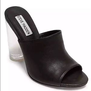 Steve Madden black leather clear heel mules